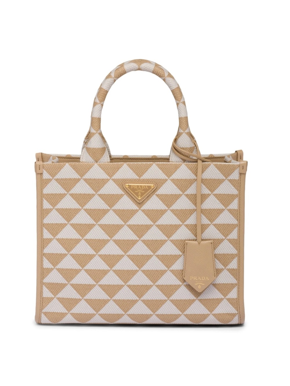 Prada Small Tote Bag Beige & White Geometric Canvas Top-Handle